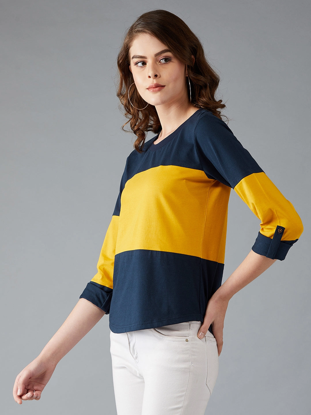 HighDensity Weave Women's Navy Blue and Mustard Round Neck Full Sleeve Solid Paneled Regular T-Shirt