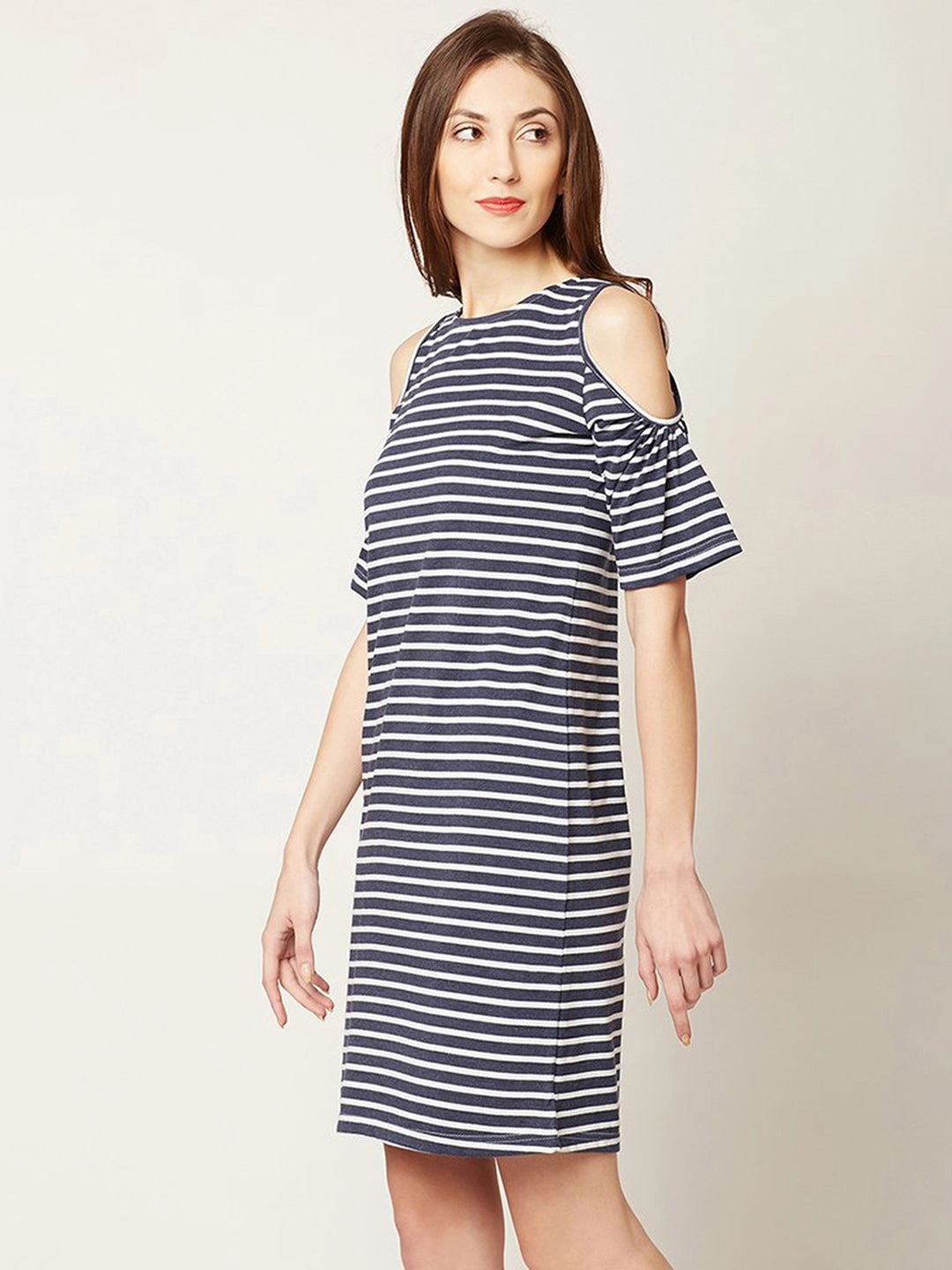 Sharp Look Women's Navy Blue and White Round Neck Half Sleeve Striped Mini Cold Shoulder Dress