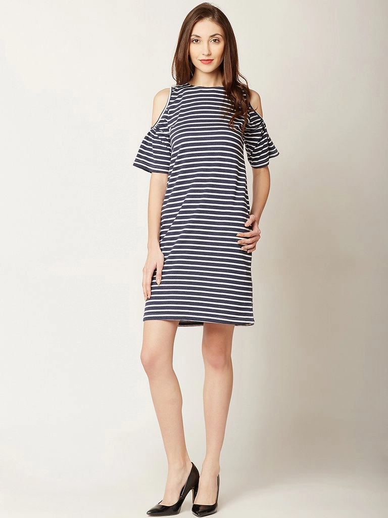 Timeless Wear Smooth Texture Women's Navy Blue and White Round Neck Half Sleeve Striped Mini Cold Shoulder Dress