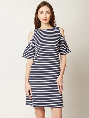 Women's Navy Blue and White Round Neck Half Sleeve Striped Mini Cold Shoulder Dress Tall Girl