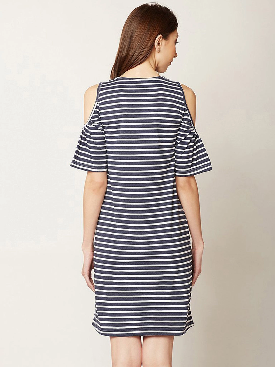 Underwire-Support Women's Navy Blue and White Round Neck Half Sleeve Striped Mini Cold Shoulder Dress