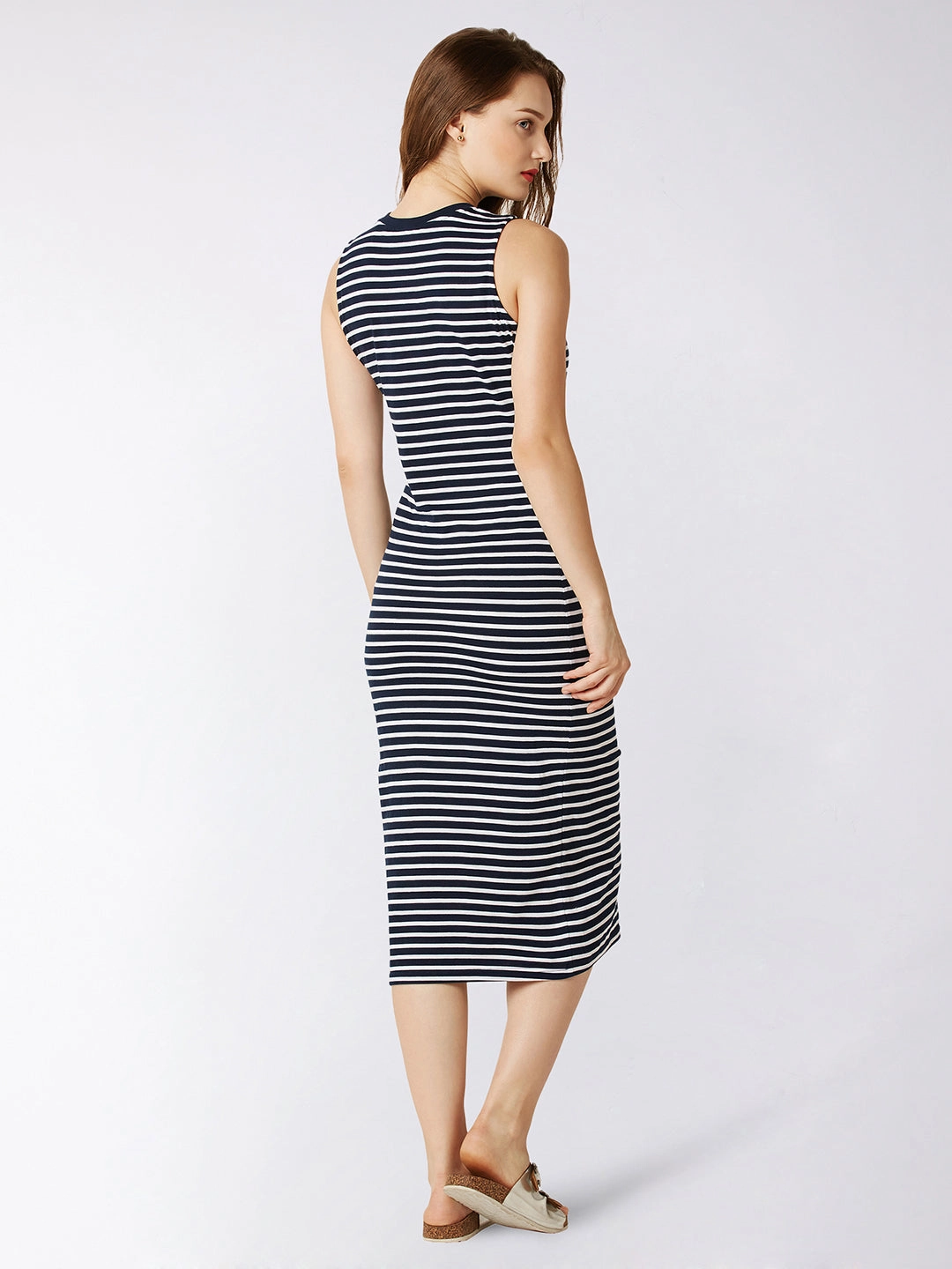 Silky Layer Women's Navy Blue and White Round Neck Sleeveless Striped Bodycon Dress
