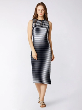 Visual Balance Smooth Design Women's Navy Blue and White Round Neck Sleeveless Striped Bodycon Dress