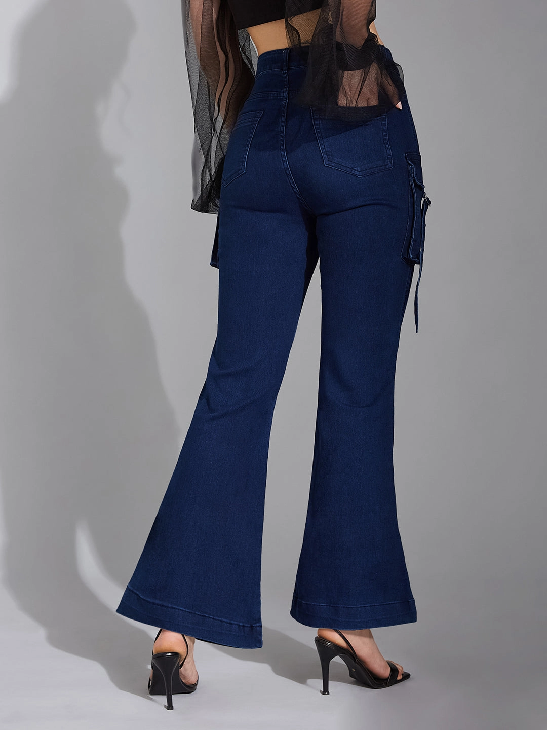 Stretch Road Trip Brunch Outfit Flattering Fit Women's Navy Blue Bootcut High-Rise Clean-Look Regular Stretchable Denim Jeans