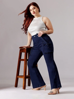 Daily Style Simple Aesthetic Women's Navy Blue Bootcut High-Rise Clean-Look Stretchable Denim Jeans