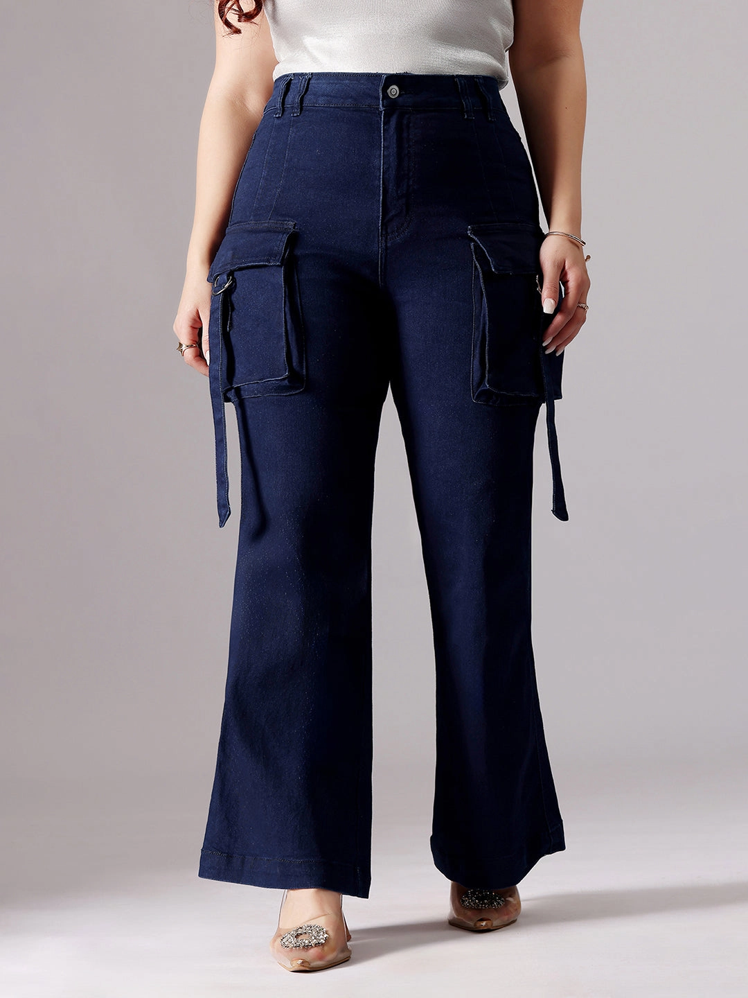 Curved Seam Construction Women's Navy Blue Bootcut High-Rise Clean-Look Stretchable Denim Jeans