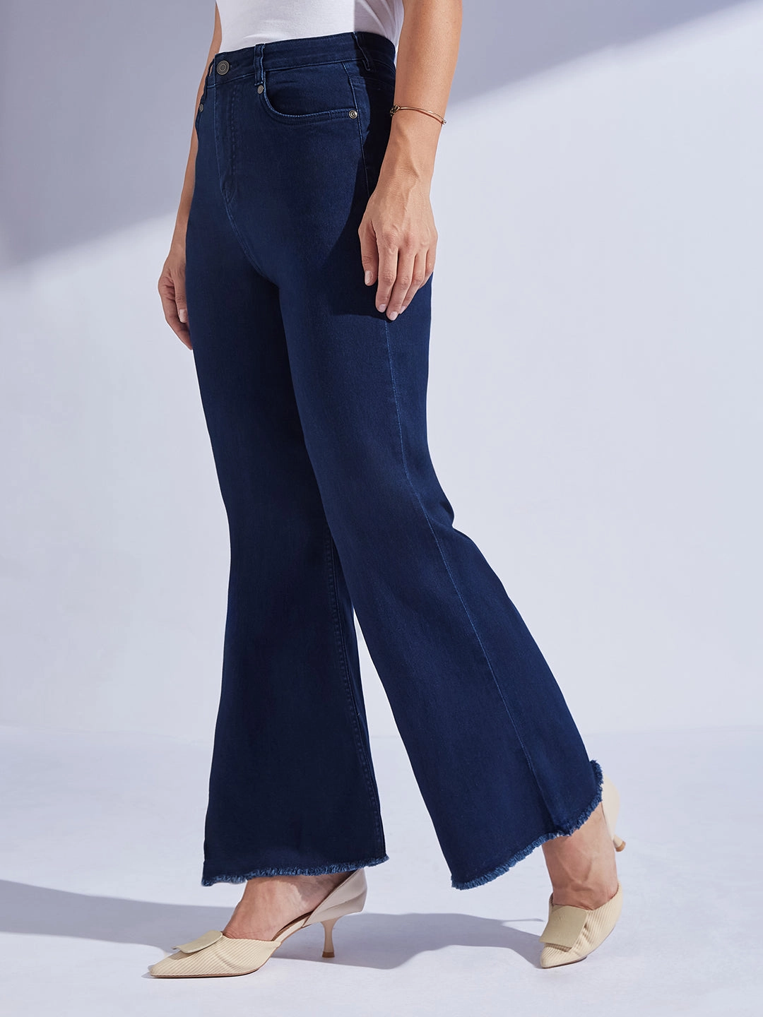 Women's Navy Blue Bootcut High-Rise Regular-Length Stretchable Denim Jeans Affordable Durable Outfit Ready Style