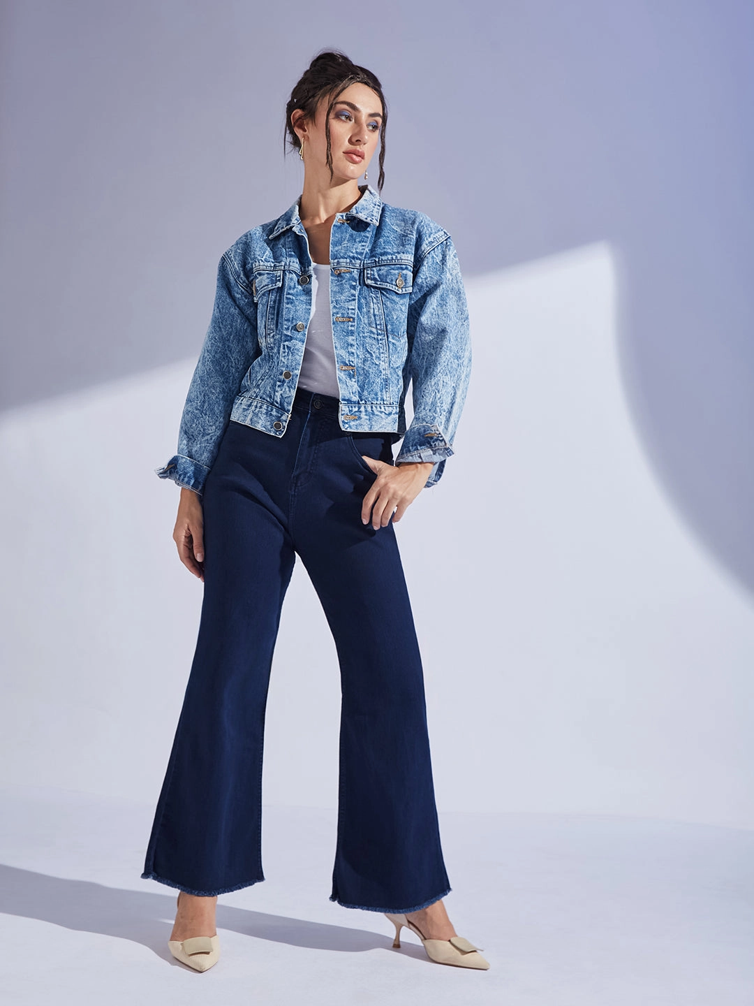 Women's Navy Blue Bootcut High-Rise Regular-Length Stretchable Denim Jeans Solid Choice Smart Casual Neutral