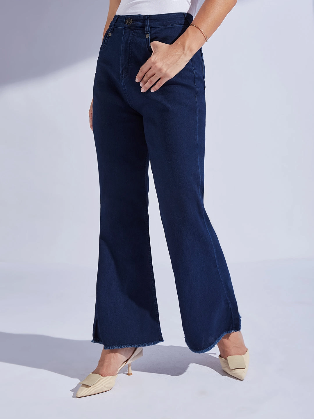 Women's Navy Blue Bootcut High-Rise Regular-Length Stretchable Denim Jeans Spring Mood Affordable Common Wear