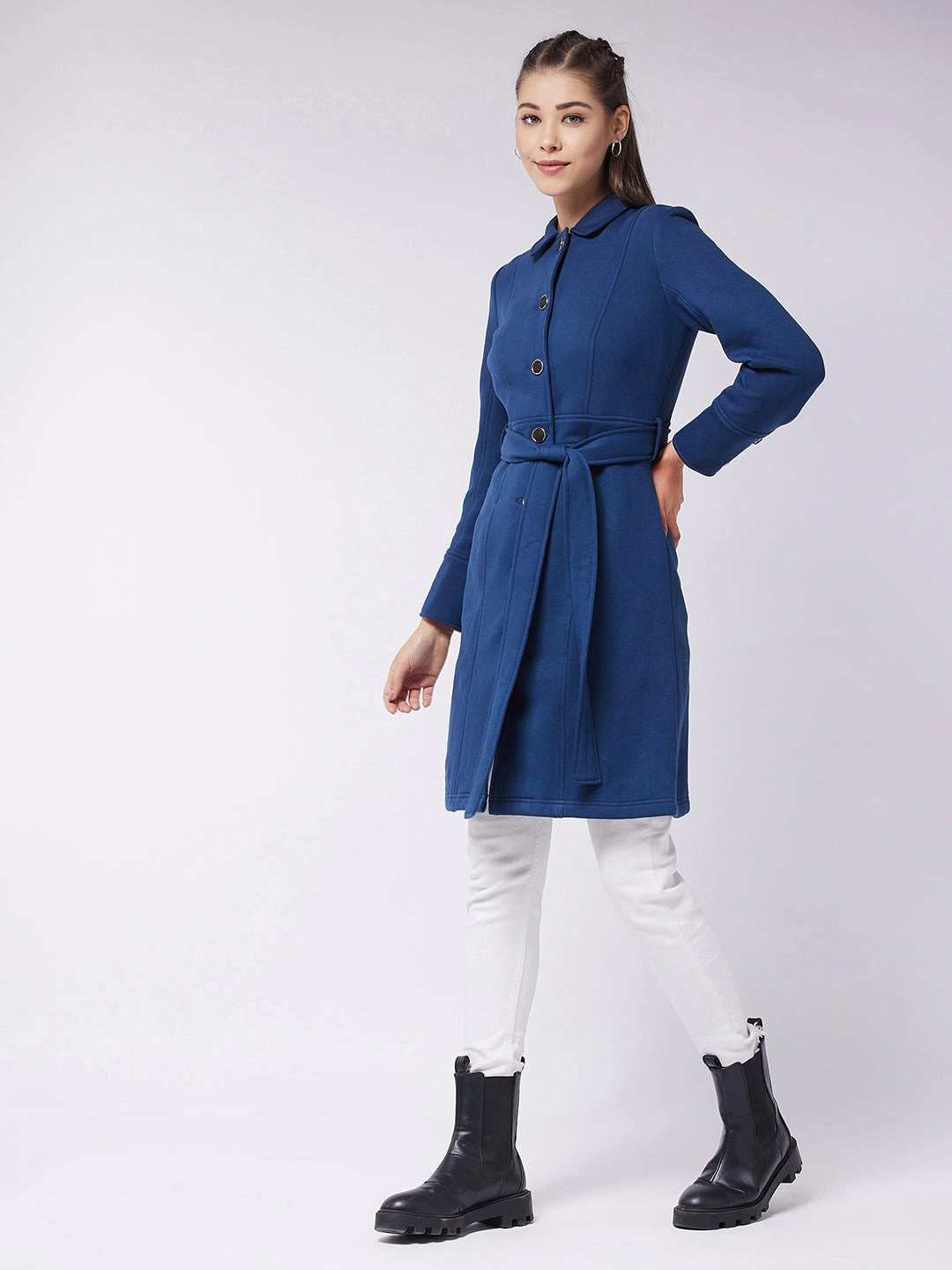 New Cut Women's Navy Blue Collared Full Sleeve Solid Tie-up Longline Jacket