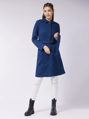 Comfort Stretch Fabric Casual Work Look Women's Navy Blue Collared Full Sleeve Solid Tie-up Longline Jacket