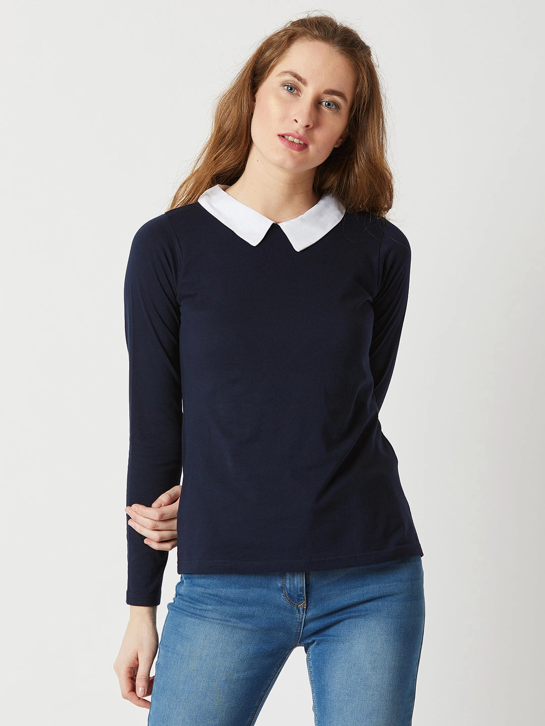 NoSlip Grip SmoothZipper Women's Navy Blue Collared Round Neck Full Sleeve Cotton Solid Buttoned Top