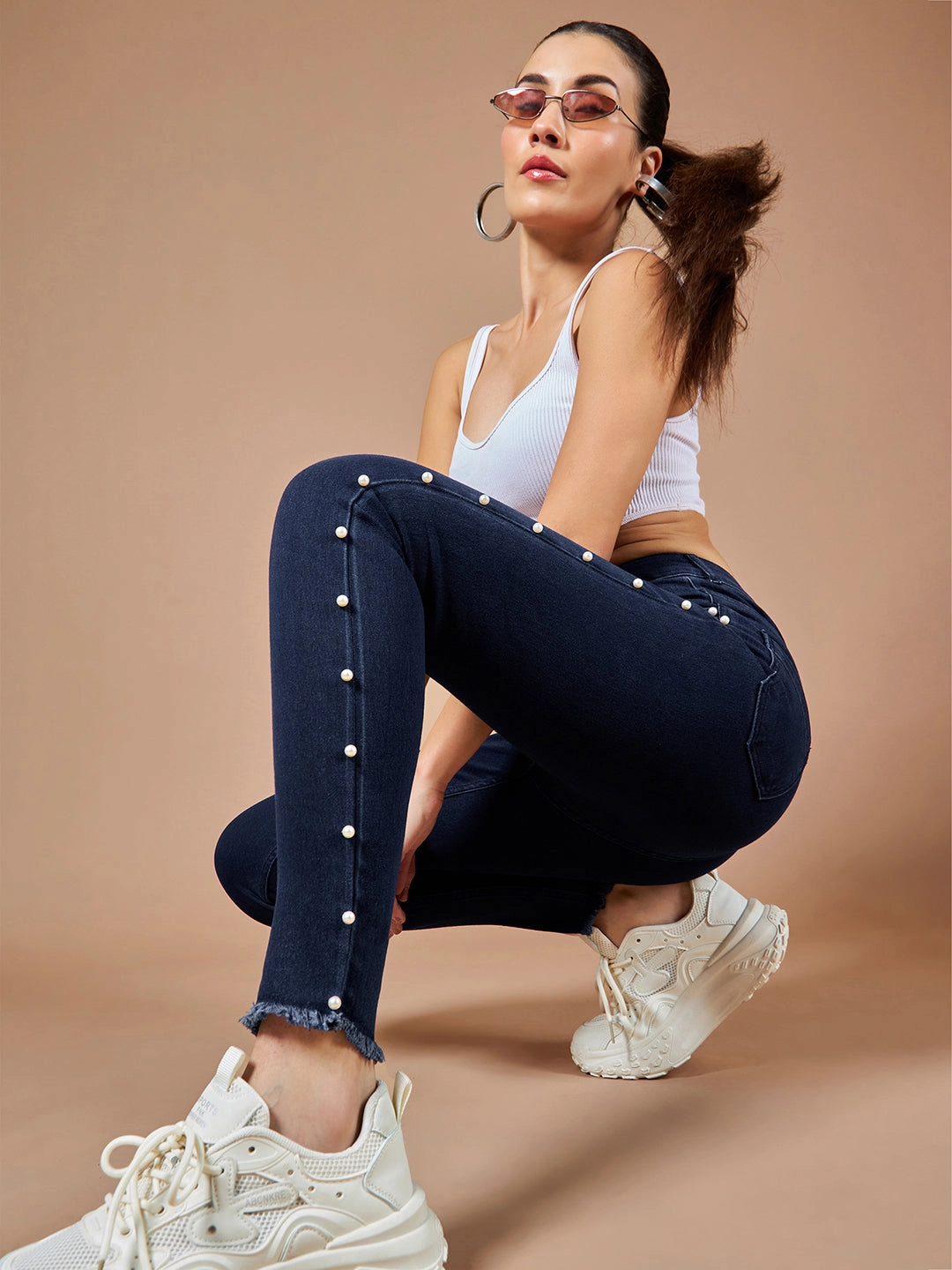 Crosshatch Stitching Women's Navy-Blue Cotton Skinny-Fit Cropped High-Rise Stretchable Denim Jeans