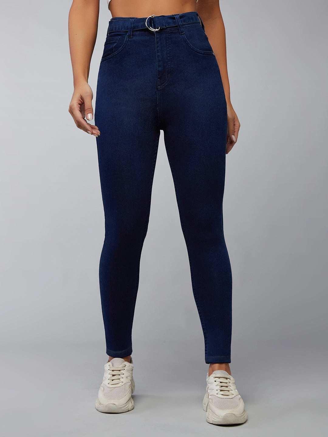 Women's Navy-Blue Cotton Skinny-Fit Relaxed High-Rise Stretchable Denim Jeans Teen Outfit Night Out Party Look Office Casual