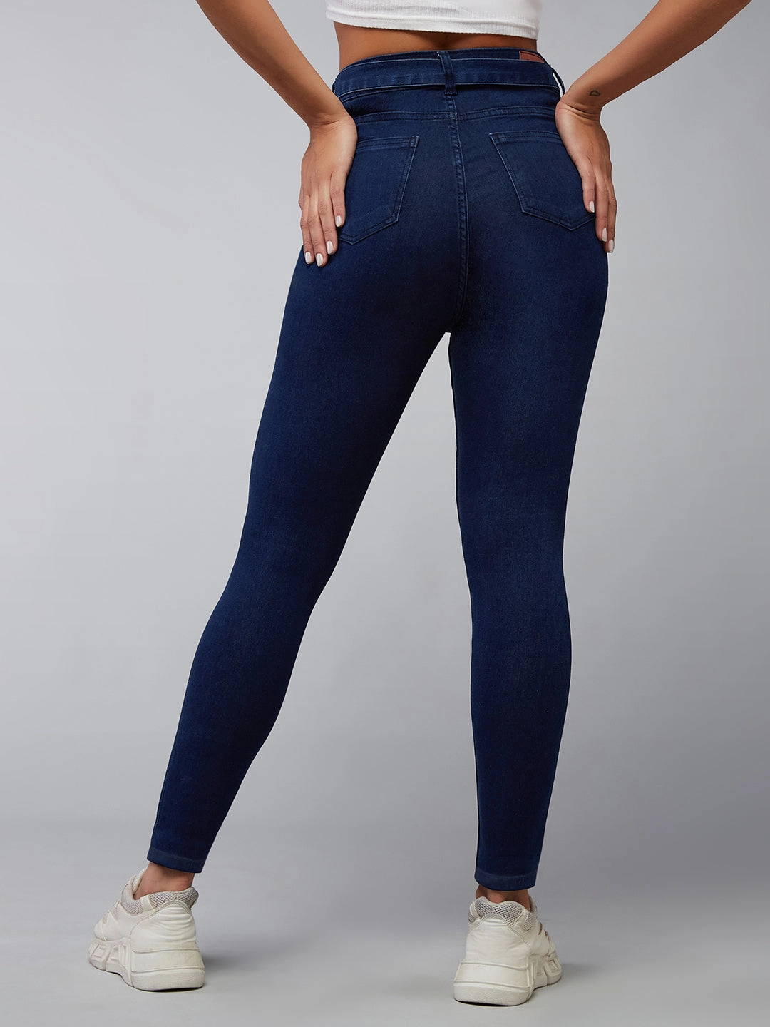 Women's Navy-Blue Cotton Skinny-Fit Relaxed High-Rise Stretchable Denim Jeans Party Look Earthy Weekend Warrior Smooth