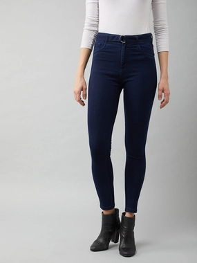 Soft Aesthetic Fashion Uniform Women's Navy-Blue Cotton Skinny-Fit Relaxed High-Rise Stretchable Denim Jeans