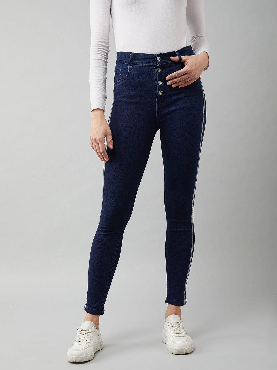 Women's Navy-Blue Cotton Skinny-Fit Relaxed High-Rise Stretchable Denim Jeans Night Out Parent Style Smart Fit