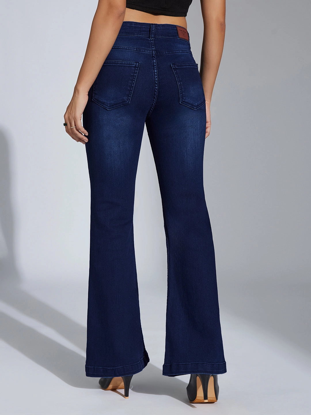 Comfortable Appearance Women's Navy-Blue High-Rise Clean-Look Regular-Length Stretchable Bootcut Denim Jeans