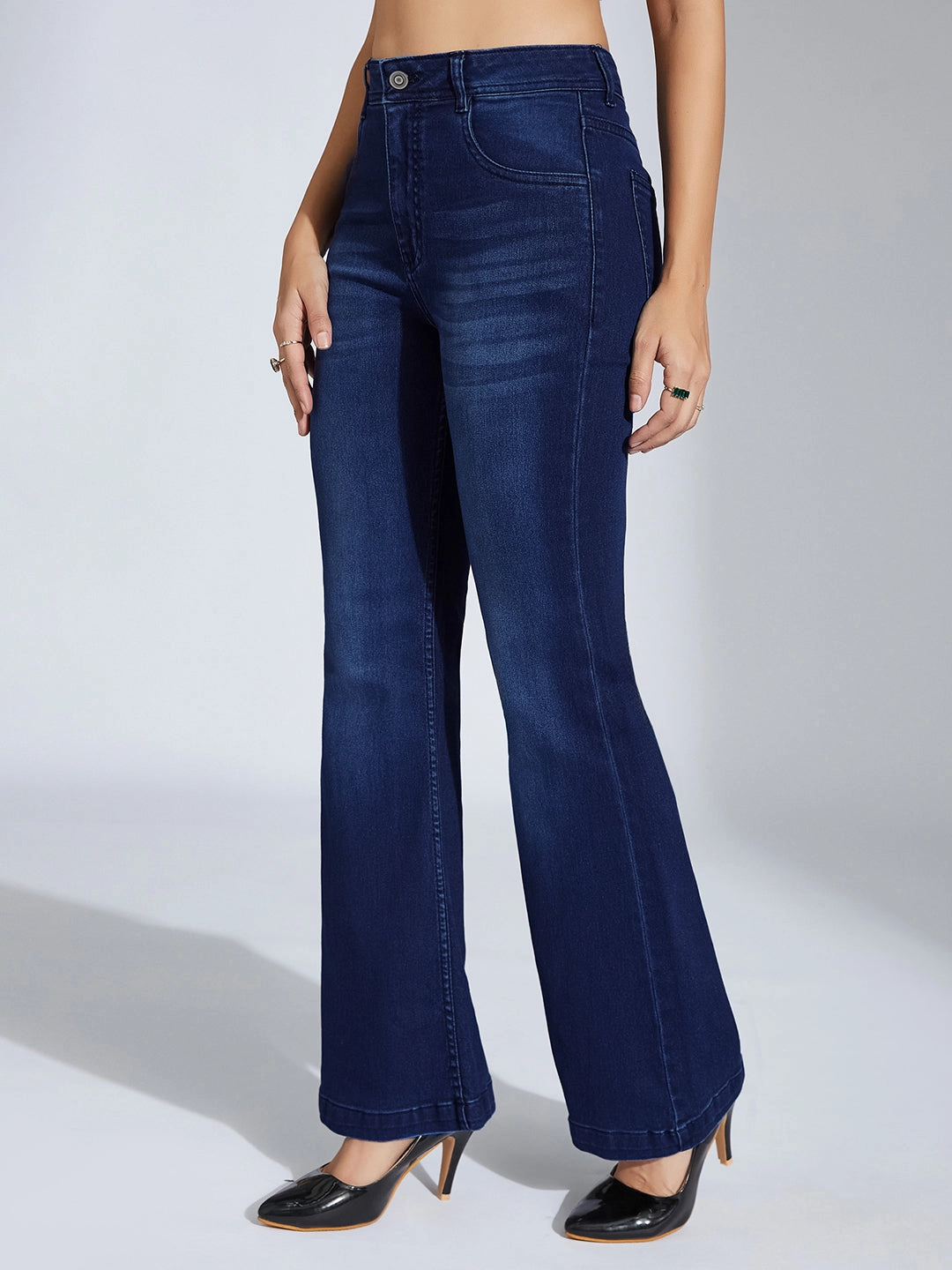 Modern Outfit Sanded Seam Comfort Women's Navy-Blue High-Rise Clean-Look Regular-Length Stretchable Bootcut Denim Jeans