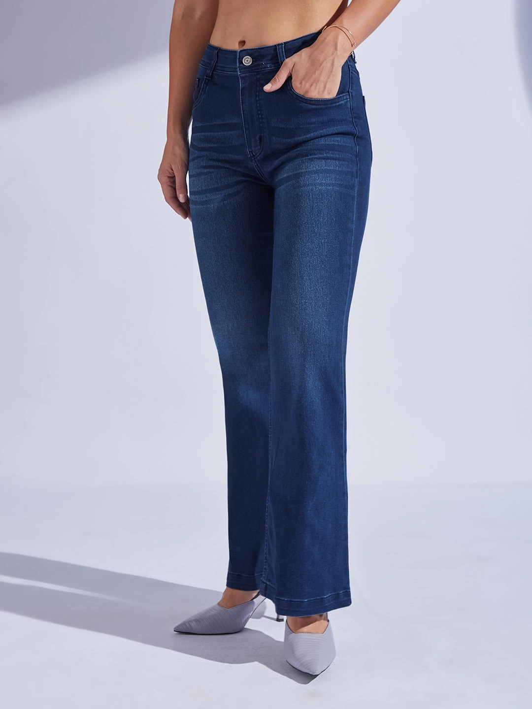 Lightweight Feel Smooth Comfort Women's Navy Blue High-Rise Clean-Look Regular-Length Stretchable Bootcut Denim Jeans