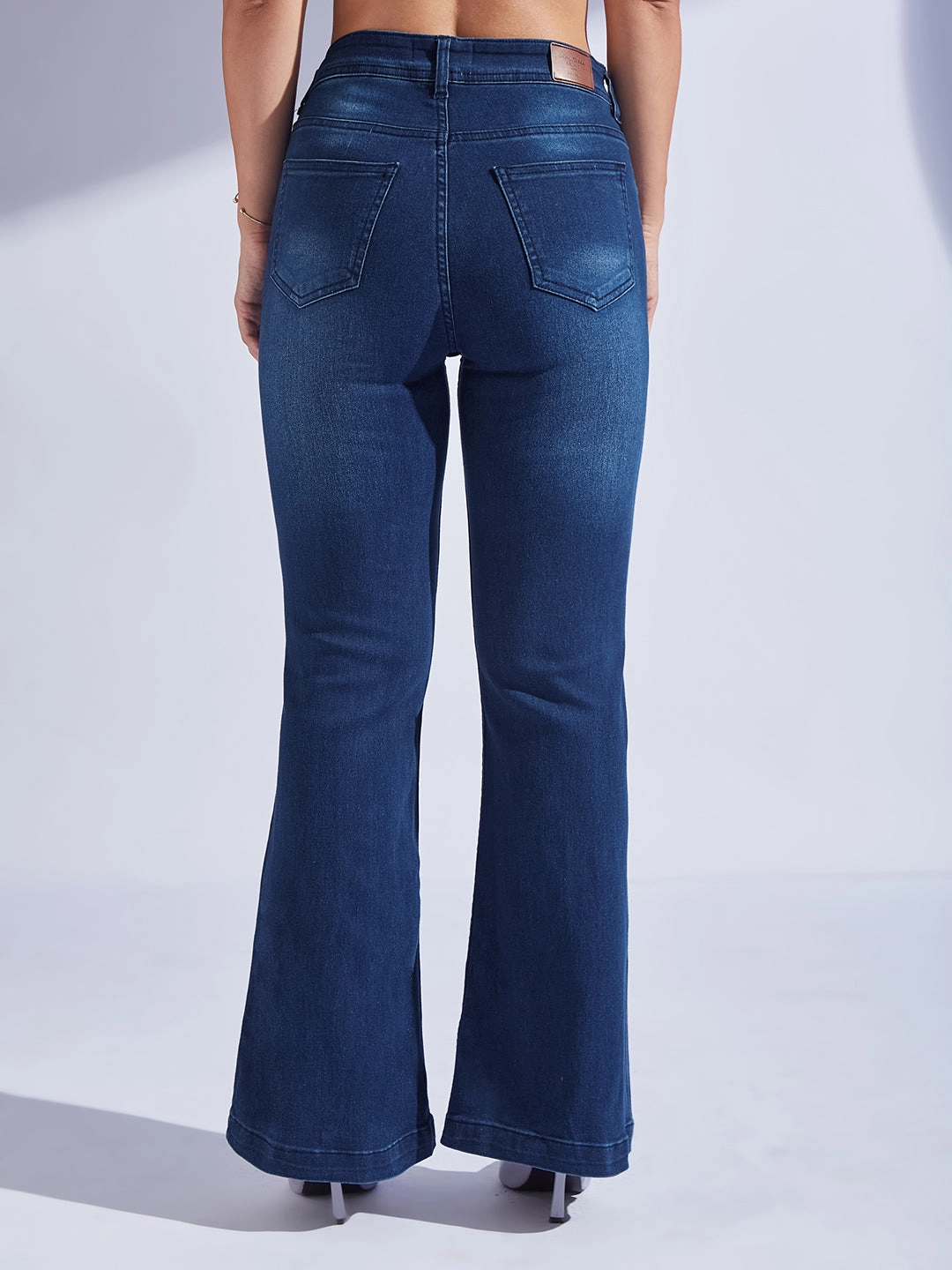 Women's Navy Blue High-Rise Clean-Look Regular-Length Stretchable Bootcut Denim Jeans Loose Spring Mood Relaxed Taper