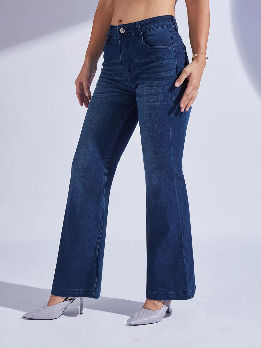 Sandblasted Finish Women's Navy Blue High-Rise Clean-Look Regular-Length Stretchable Bootcut Denim Jeans