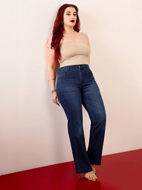 Women's Navy Blue High-Rise Clean-Look Stretchable Bootcut Denim Jeans Smart Basic Eco Certified Textile Standards