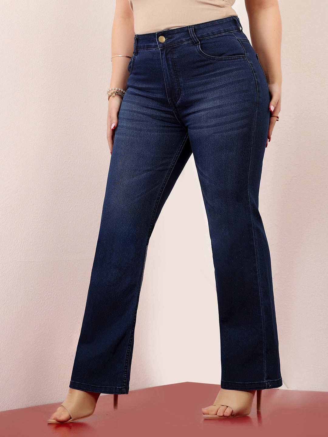 Women's Navy Blue High-Rise Clean-Look Stretchable Bootcut Denim Jeans Fit For Daily