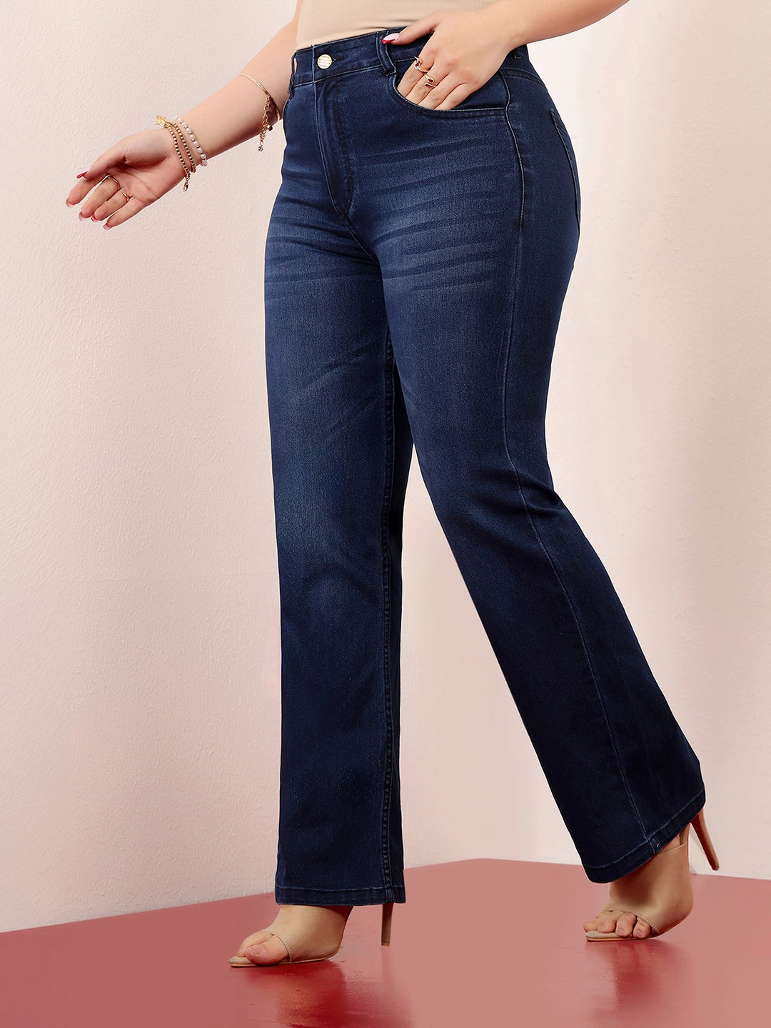 Leisure Ready Women's Navy Blue High-Rise Clean-Look Stretchable Bootcut Denim Jeans