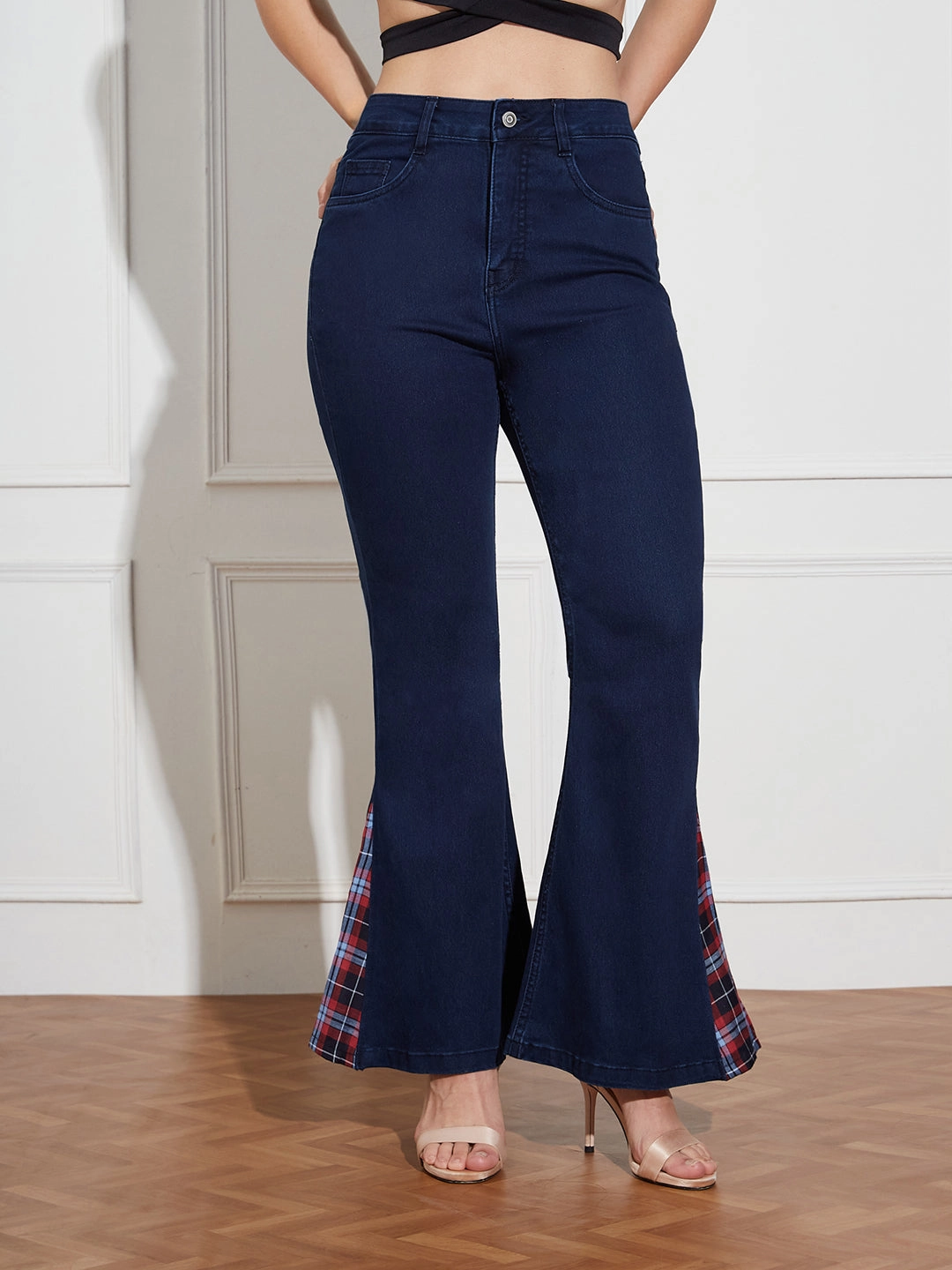 Women's Navy Blue High Rise Clean LooK Stretchable Denim Bootcut Jeans High Durability