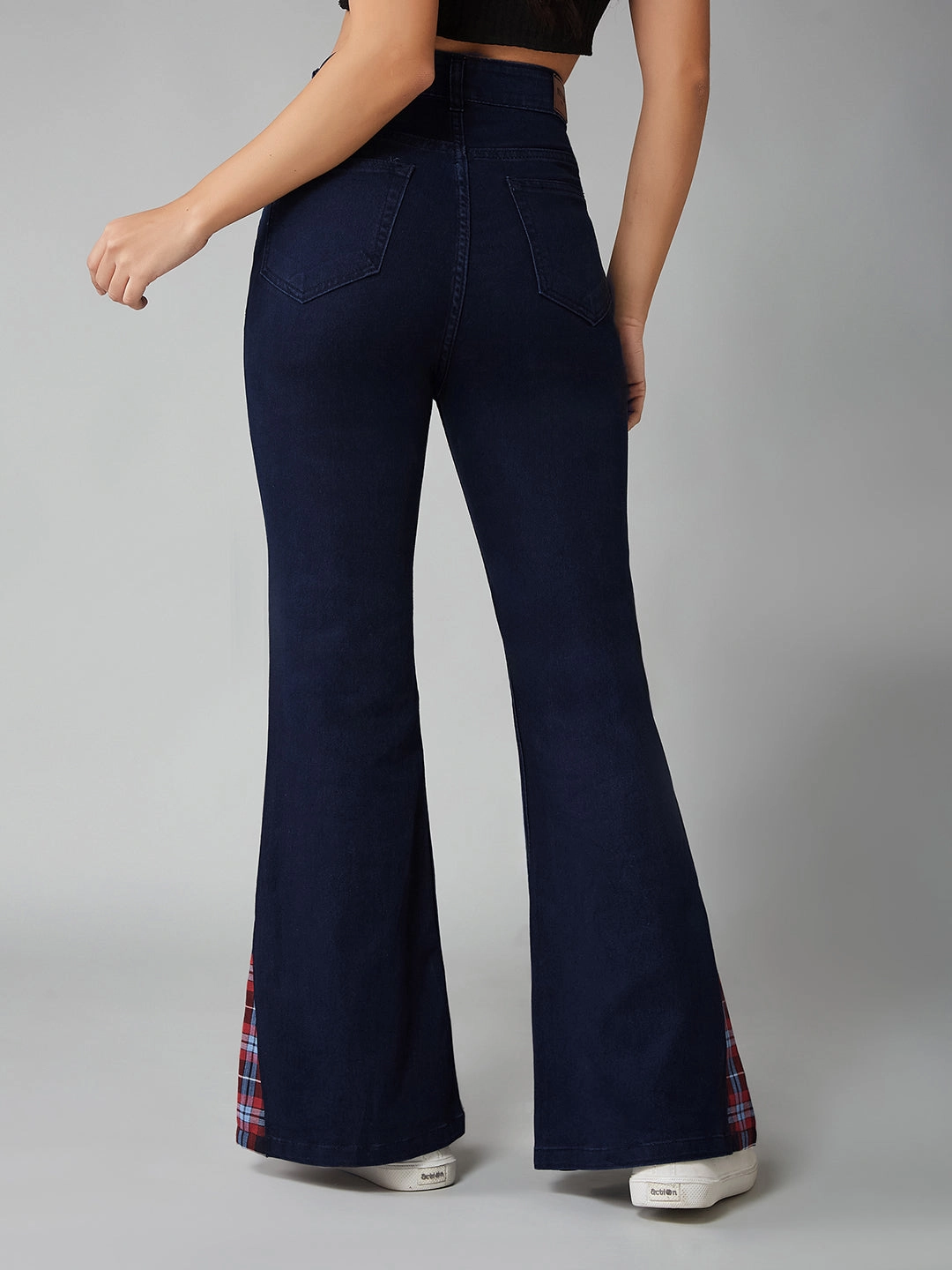 Women's Navy Blue High Rise Clean LooK Stretchable Denim Bootcut Jeans Mid Rise