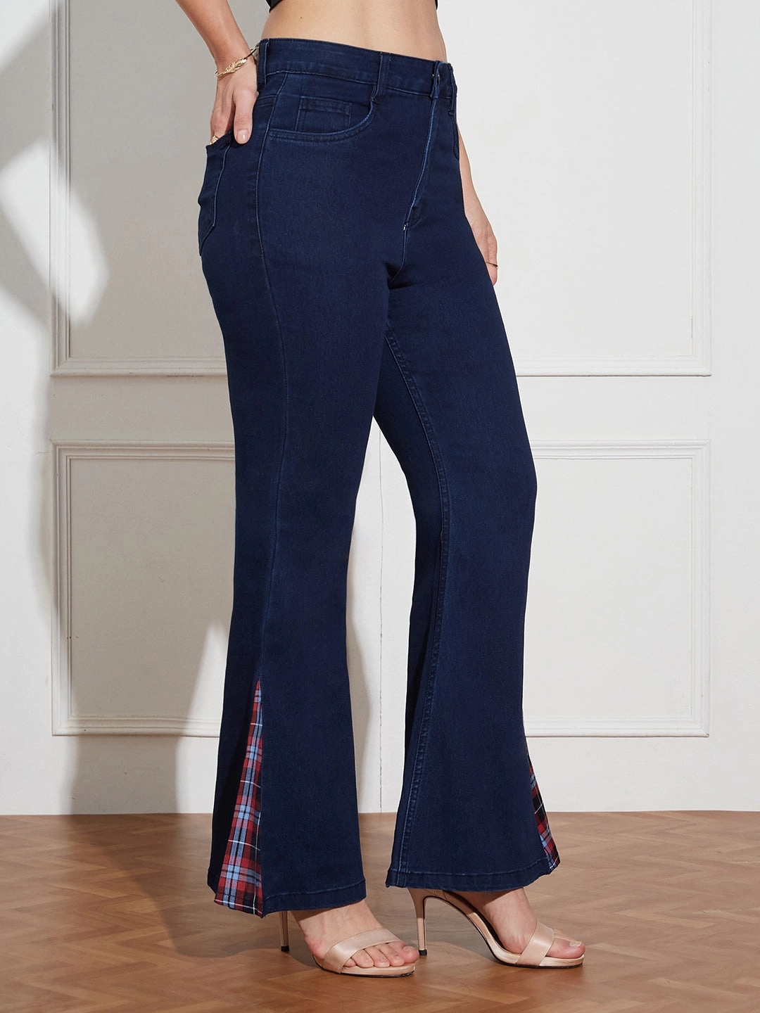 Date Night Loose Vintage Lover Street Fashion Affordable Women's Navy Blue High Rise Clean Look Stretchable Denim Bootcut Jeans