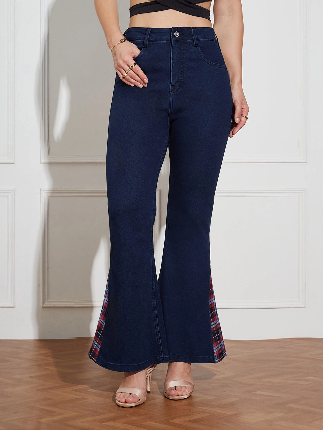 Women's Navy Blue High Rise Clean Look Stretchable Denim Bootcut Jeans Minimalist Design