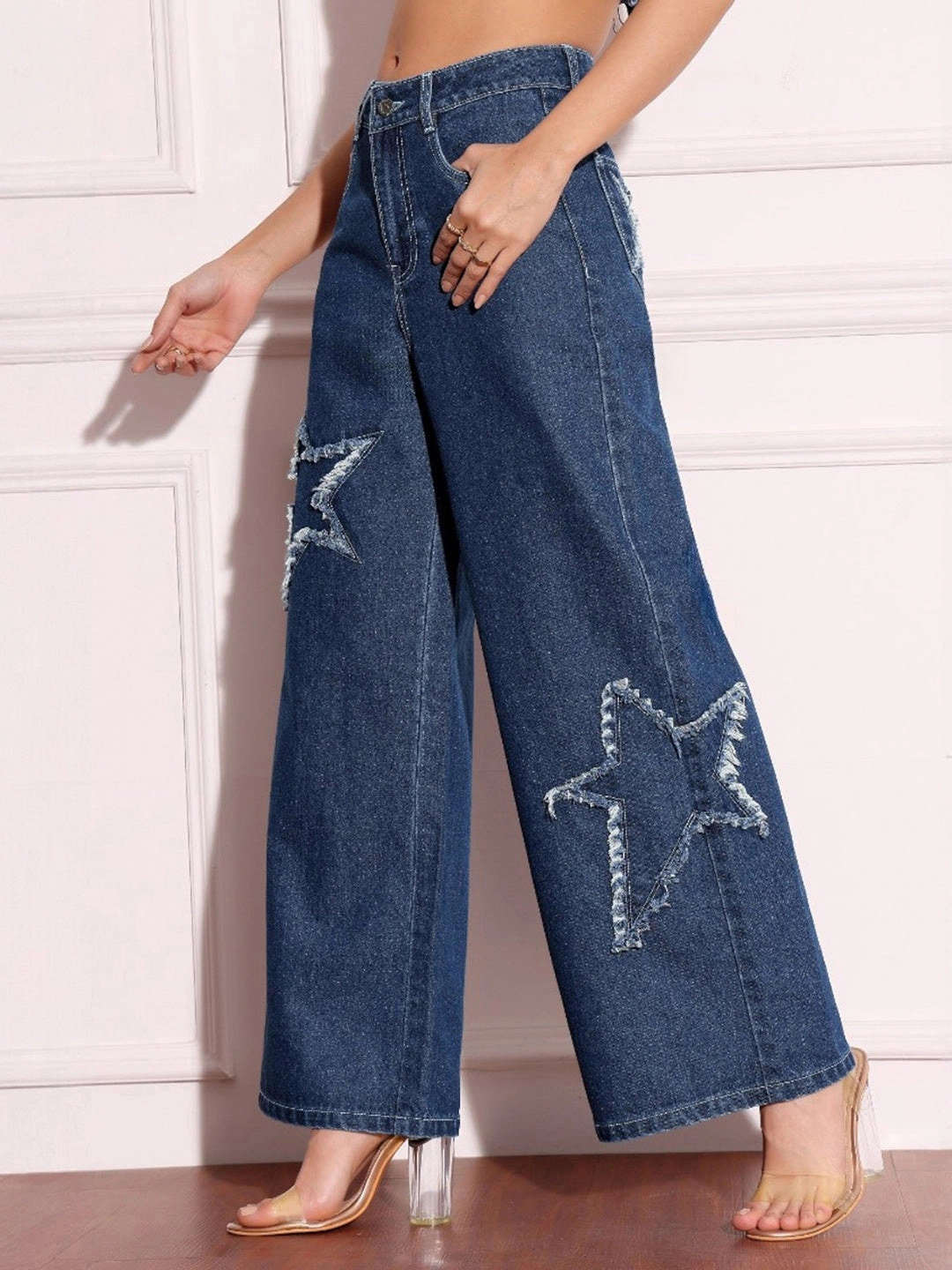 Women's Navy-Blue High-Rise Denim Wide-leg Jeans Casual Friday Parent Style Travel Outfit