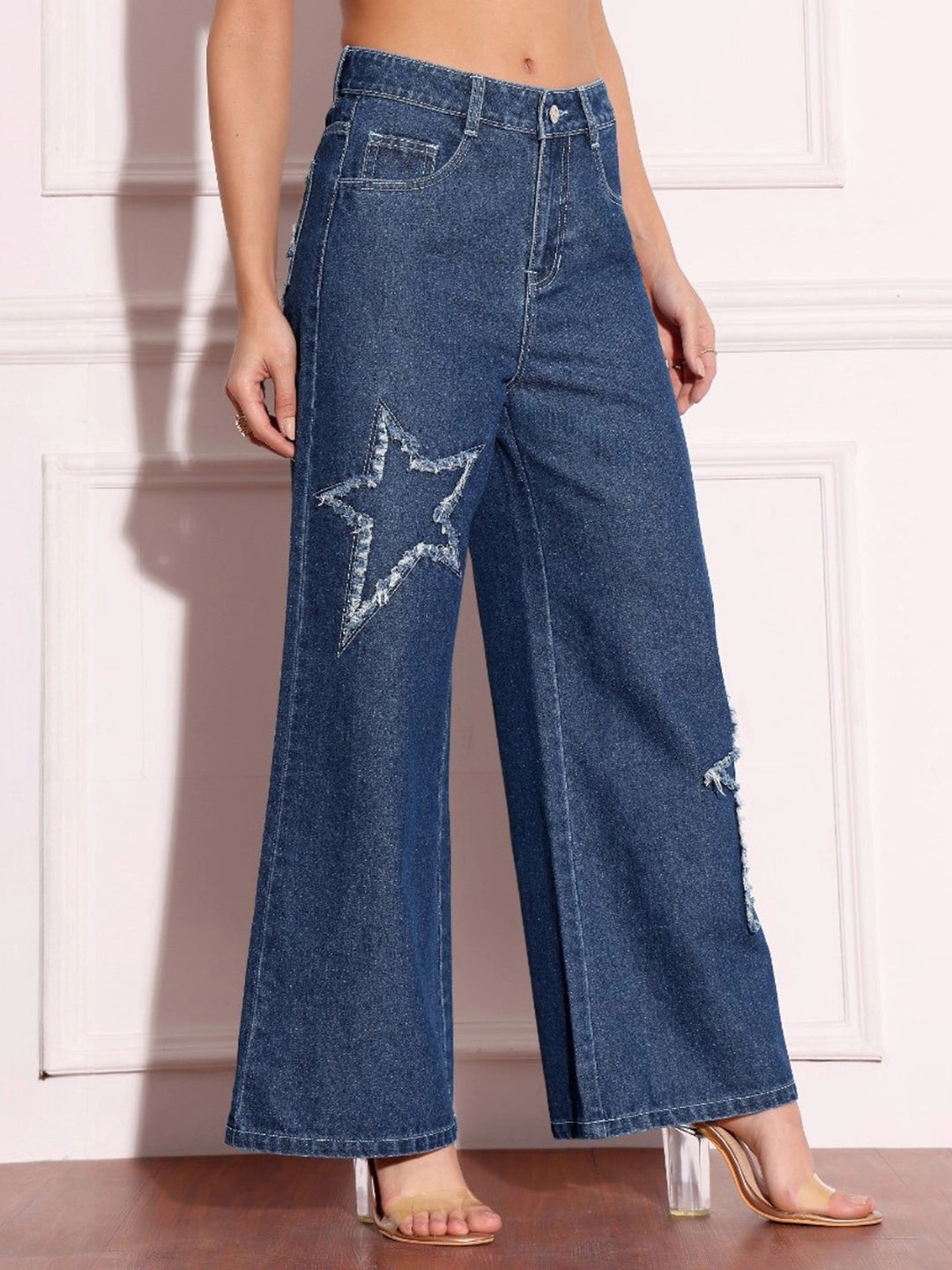 Women's Navy-Blue High-Rise Denim Wide-leg Jeans Anti Slip Belt Loops