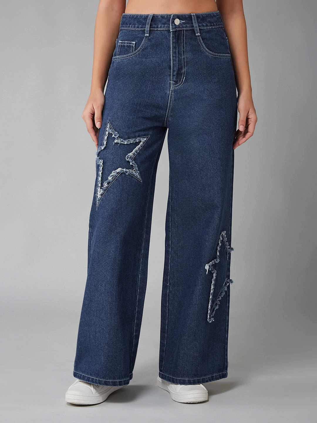 Women's Navy Blue High-Rise Star-Patch Stretchable Wide-Leg Denim Jeans Core Item