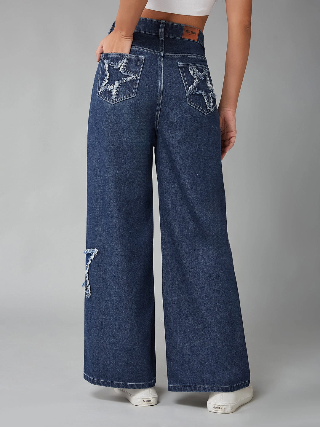 Women's Navy Blue High-Rise Star-Patch Stretchable Wide-Leg Denim Jeans Fashion Must-Have Home Comfort Party Look Modern Minimalist