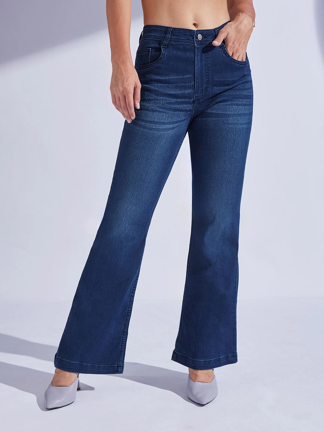 Women's Navy Blue High-Rise Stretchable Bootcut Denim Jeans Everyday Loose Music Event