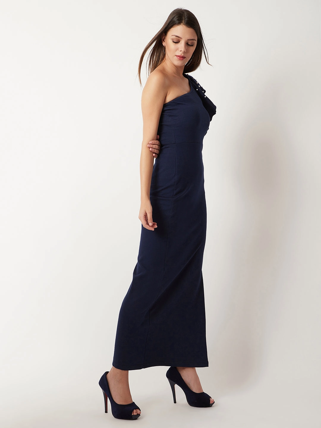 Women's Navy Blue One-Shoulder Sleeveless Cotton Solid Ruffled Pearl And Slit Detailing Maxi Bodycon Dress Hook-And-Eye Date night