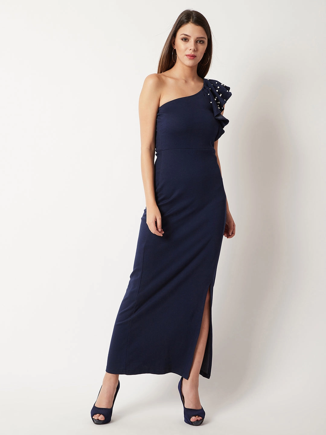 Calm Silhouette Women's Navy Blue One-Shoulder Sleeveless Cotton Solid Ruffled Pearl And Slit Detailing Maxi Bodycon Dress
