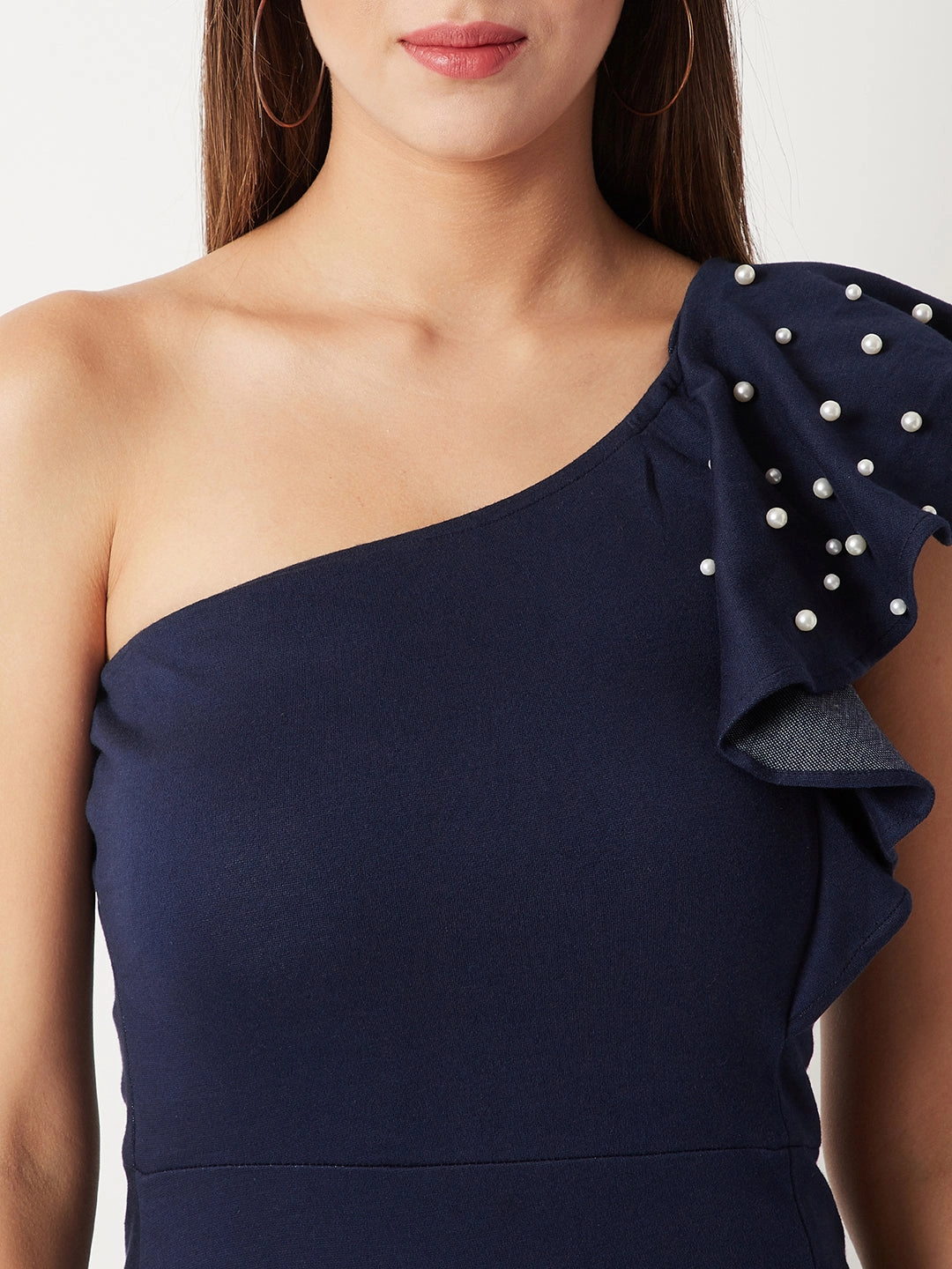 Women's Navy Blue One-Shoulder Sleeveless Cotton Solid Ruffled Pearl And Slit Detailing Maxi Bodycon Dress Date Ready Work-Ready Look