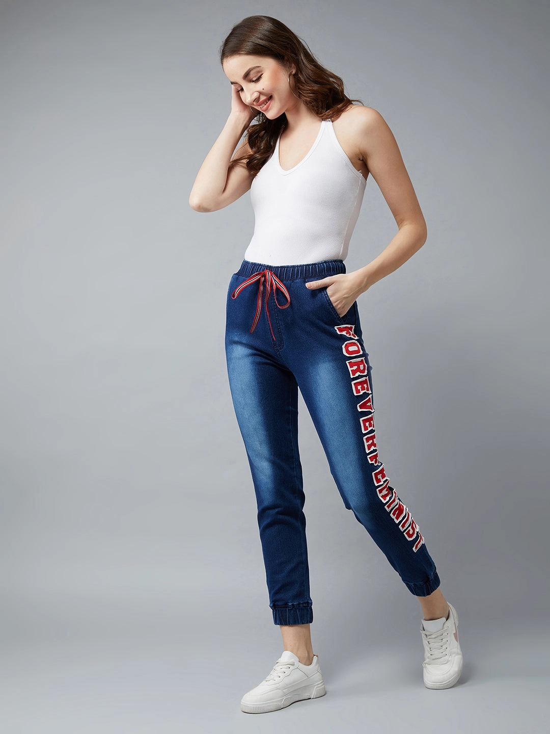 Women's Navy Blue Regular Fit Mid Rise Clean-Look Regular Length Stretchable Denim Jogger Breathable Mesh Panels