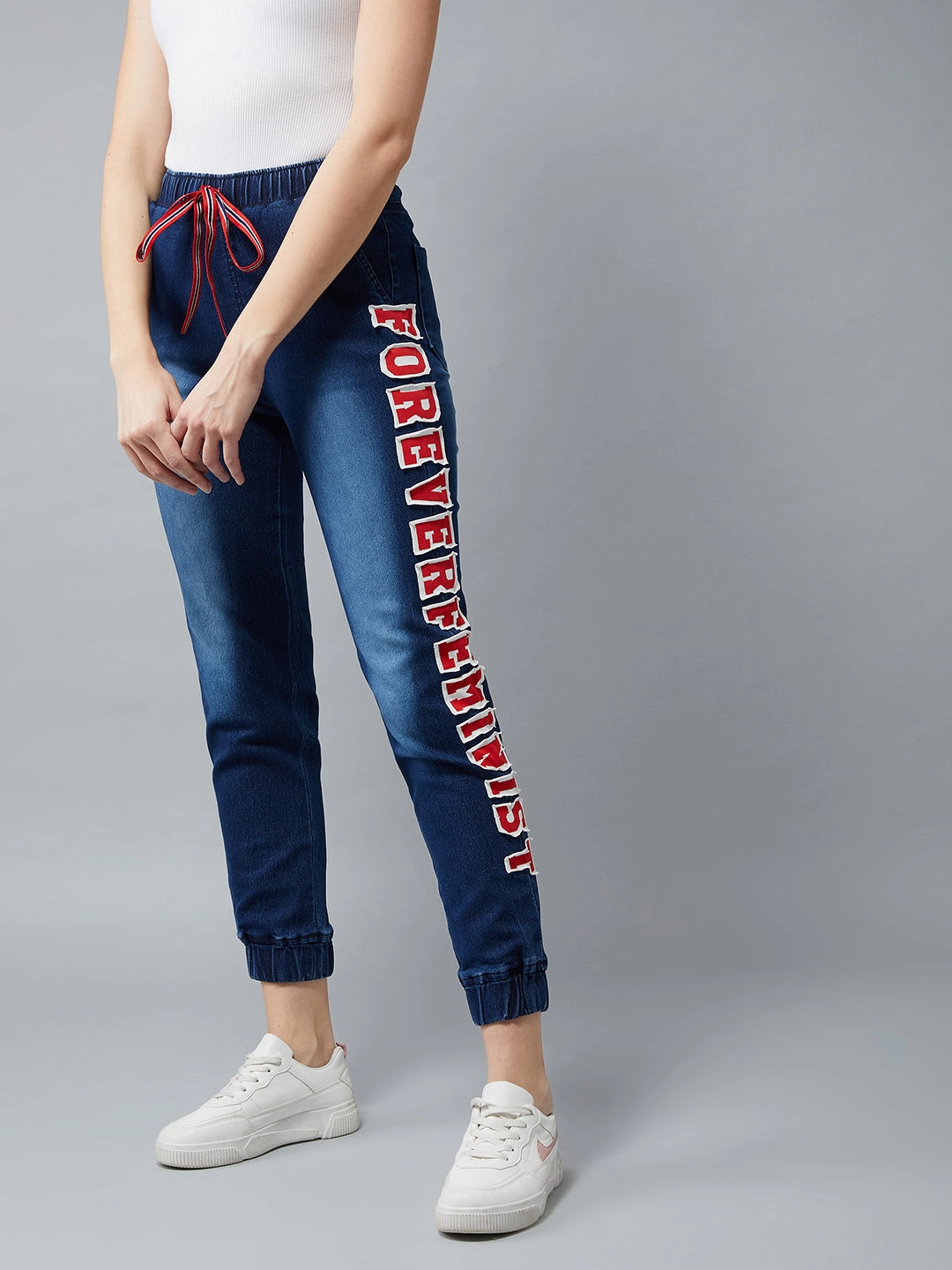 MoistureWickingFabric Women's Navy Blue Regular Fit Mid Rise Clean-Look Regular Length Stretchable Denim Jogger
