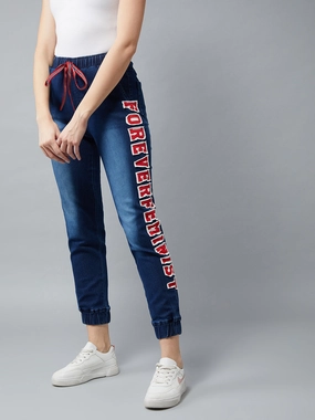 MoistureWickingFabric Women's Navy Blue Regular Fit Mid Rise Clean-Look Regular Length Stretchable Denim Jogger