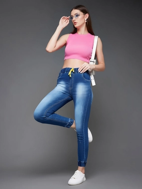 Basic Stretch Snug Waist Women's Navy Blue Relaxed Fit Mid Rise Clean-Look Scraping Detail Ankle Length Denim Joggers
