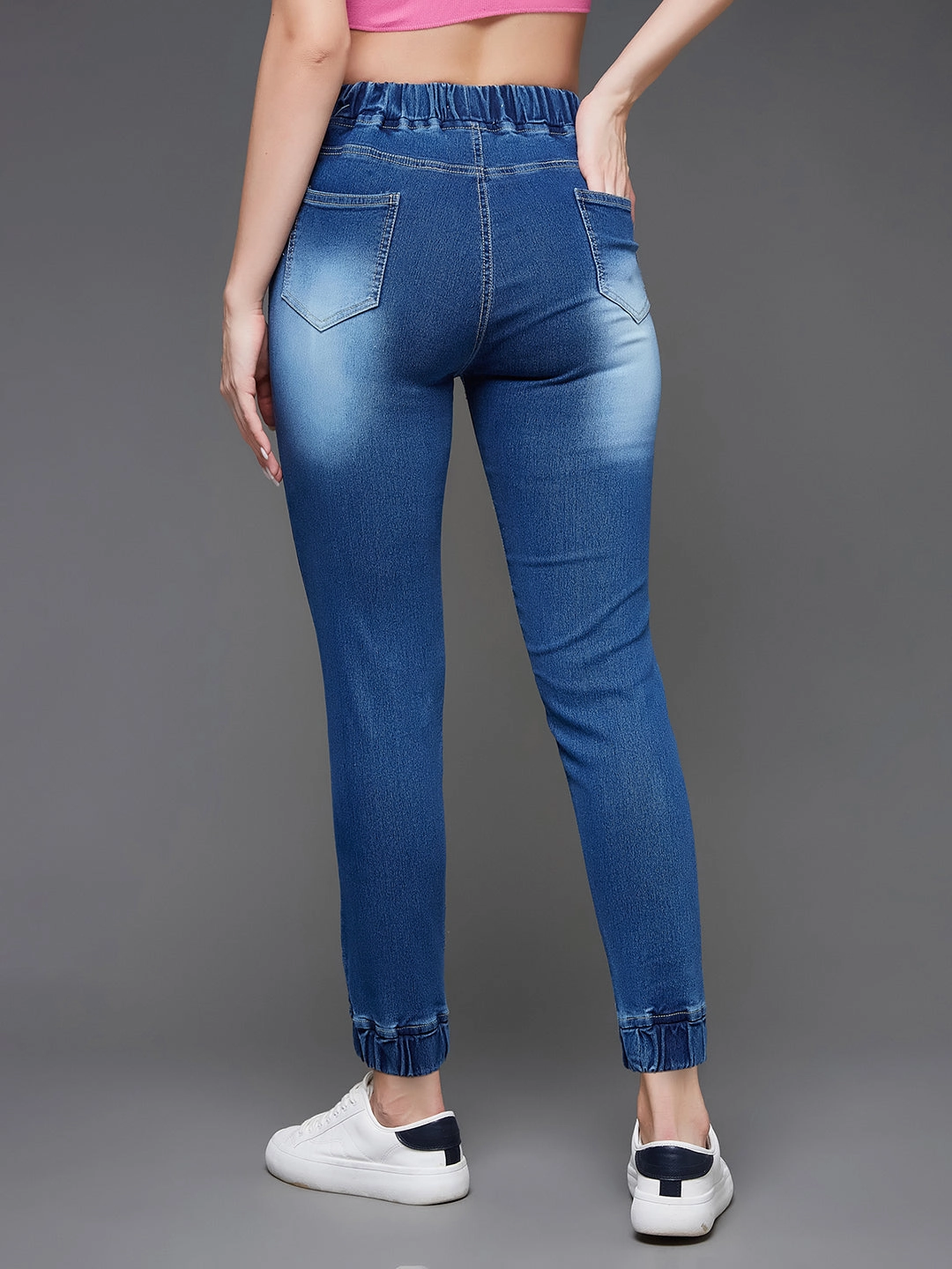 Gusseted Crotch HeatRegulatingLining Women's Navy Blue Relaxed Fit Mid Rise Clean-Look Scraping Detail Ankle Length Denim Joggers