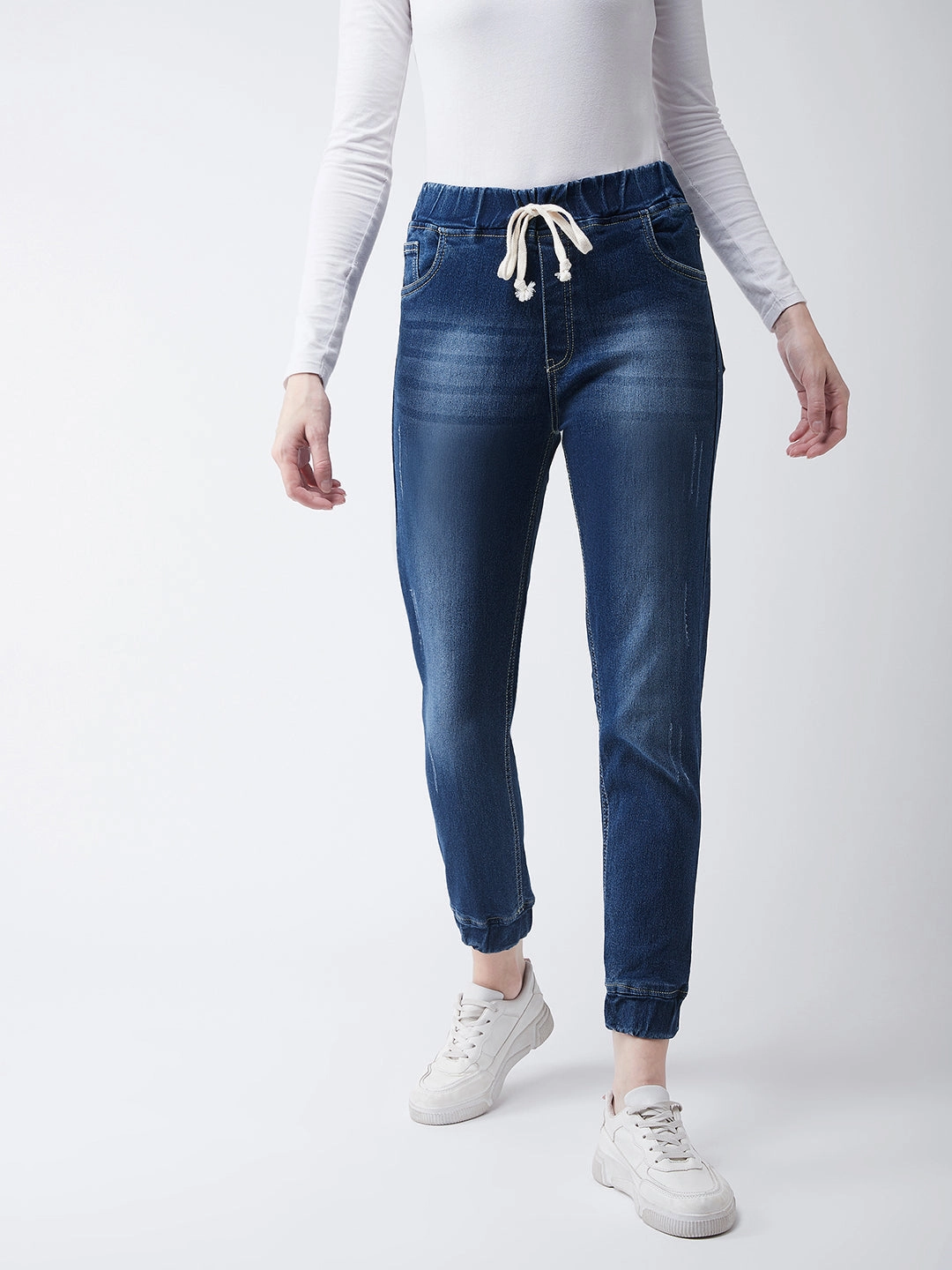 Seam-Free Women's Navy Blue Relaxed Fit Mid Rise Regular Length Scraped Denim Stretchable Jogger Pants
