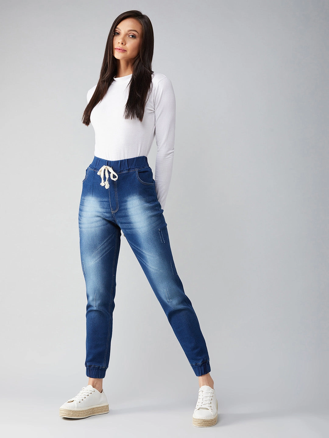 High Waist Women's Navy Blue Relaxed Fit Mid Rise Regular Length Scraped Denim Stretchable Jogger Pants