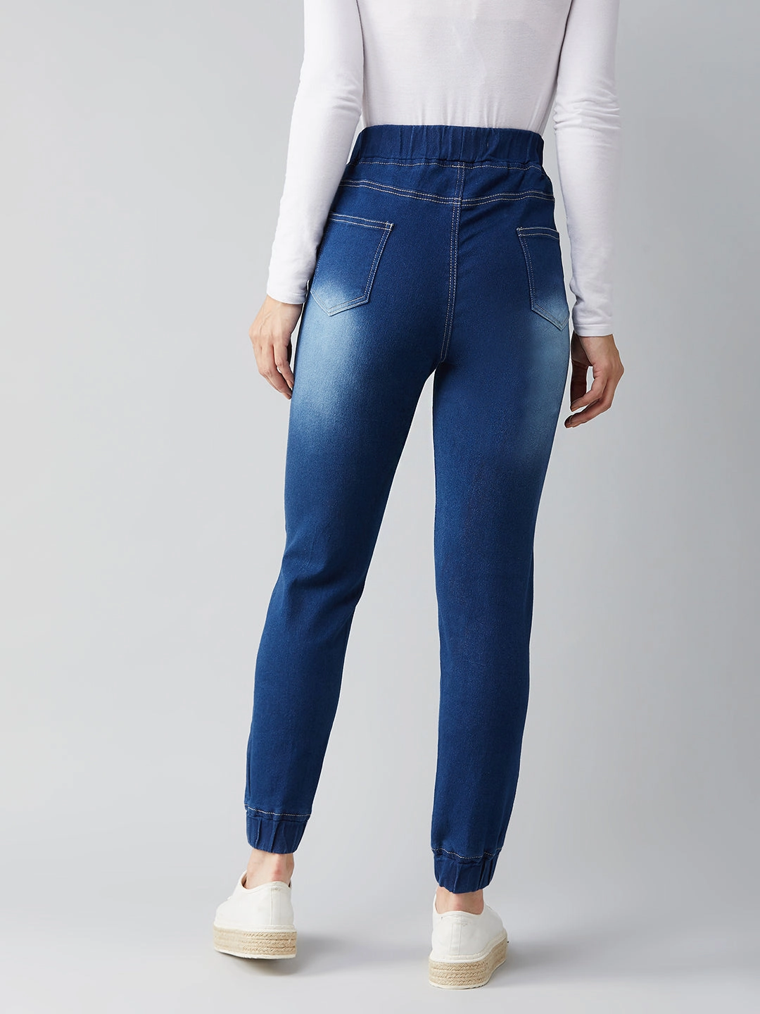 Windproof Membrane Women's Navy Blue Relaxed Fit Mid Rise Regular Length Scraped Denim Stretchable Jogger Pants