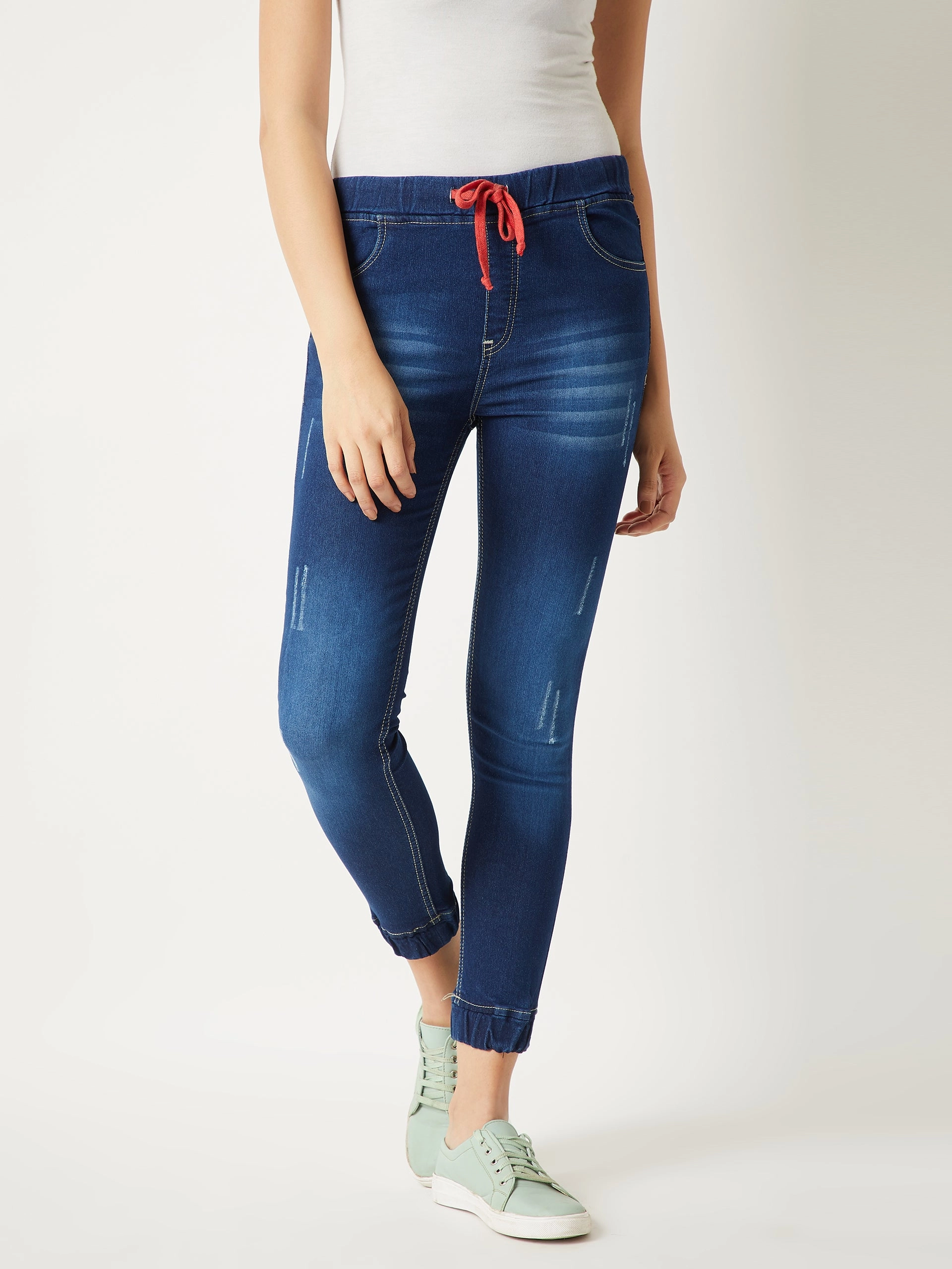 Women's Navy Blue Relaxed Fit Mid Rise Regular Length Scraping Detailing Stretchable Denim Joggers Tough Materials Casual Performance Wear